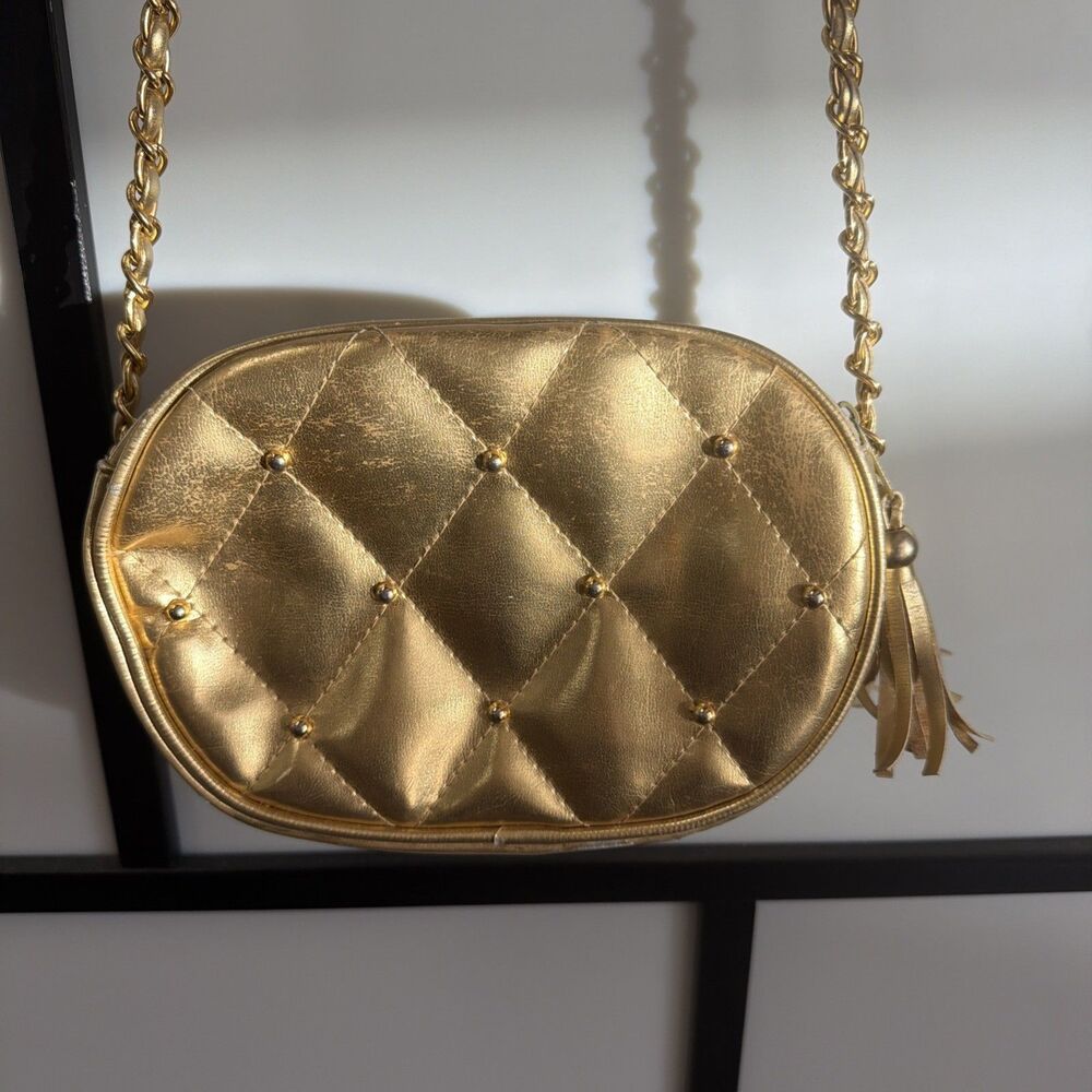 Gold Metallic Quilted Shoulder Bag for Women, Tassel, Chain Strap, Gold Hardware